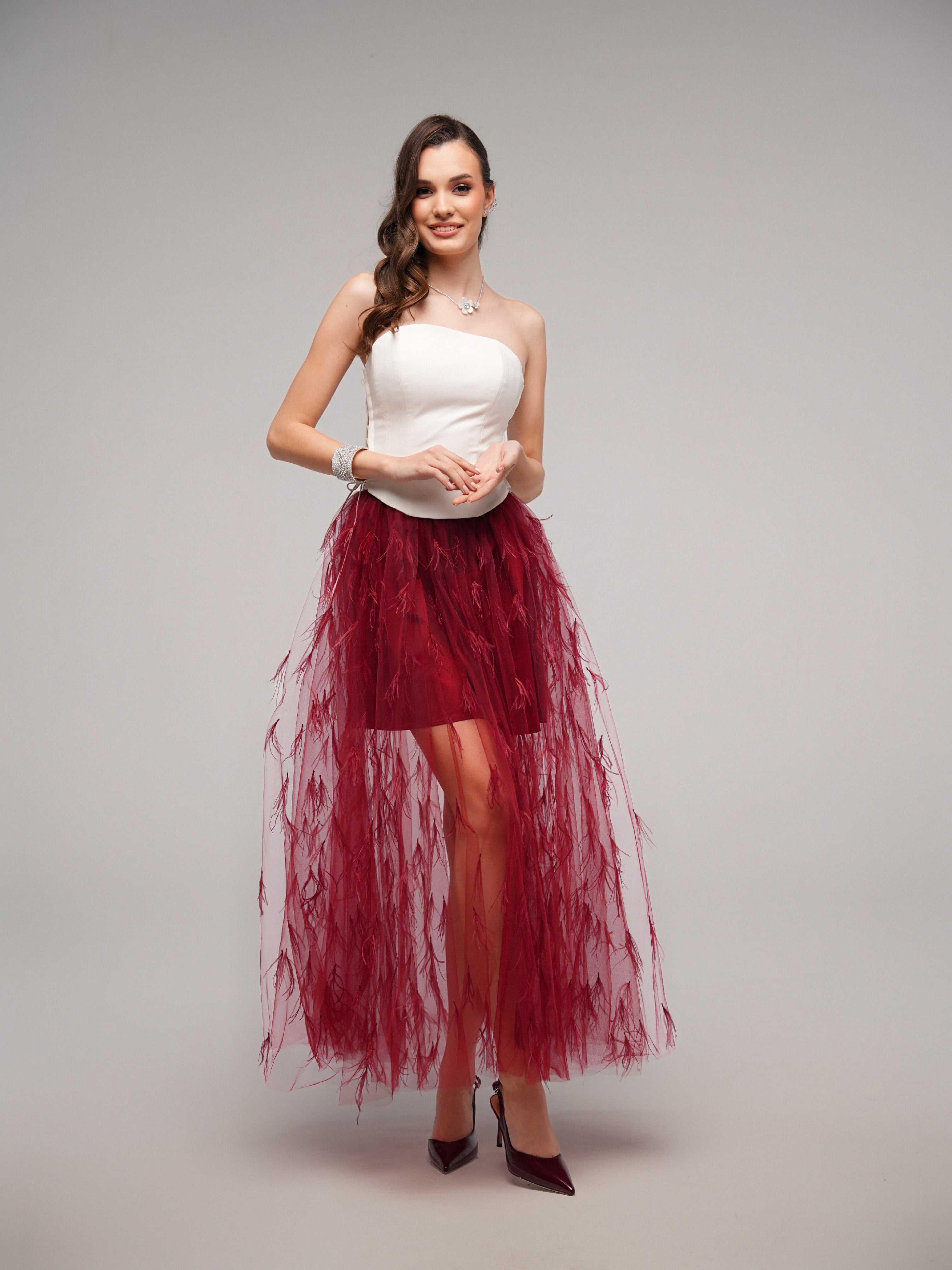 Woven Feather Skirt – Crimson Red