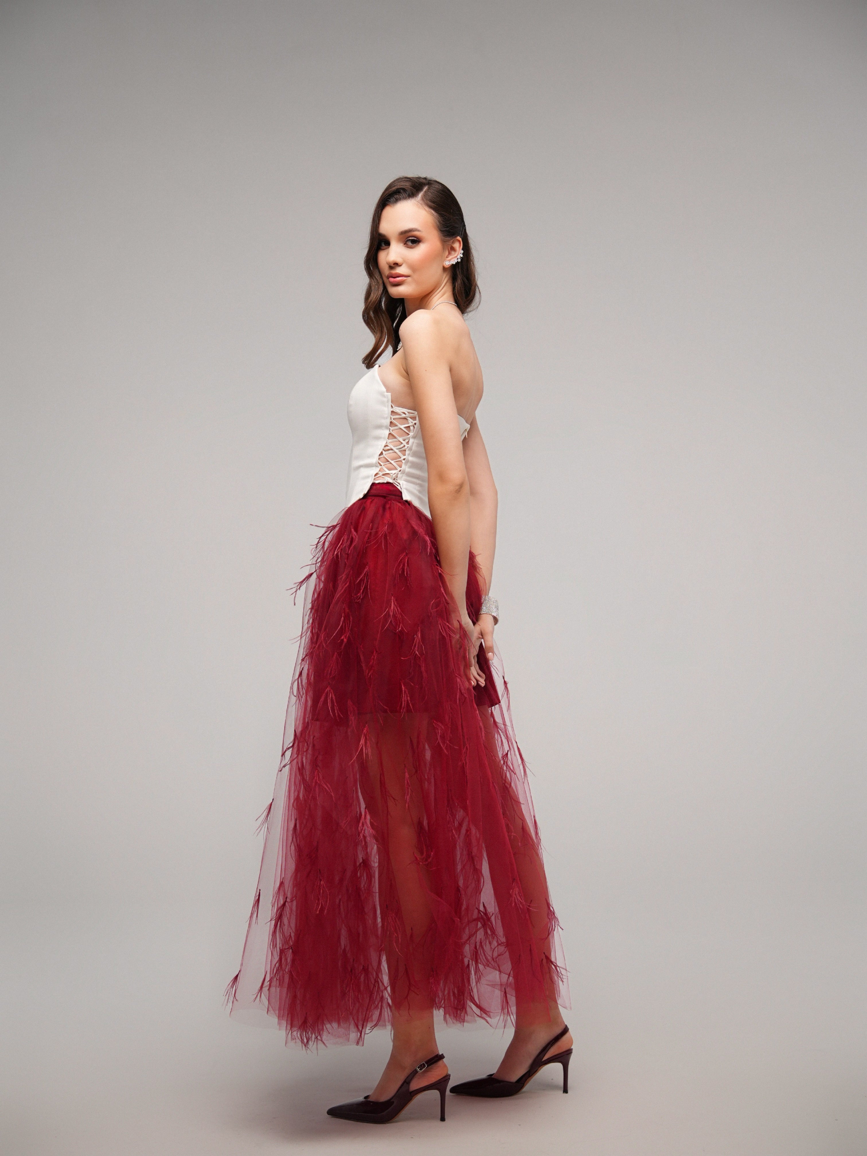 Woven Feather Skirt – Crimson Red