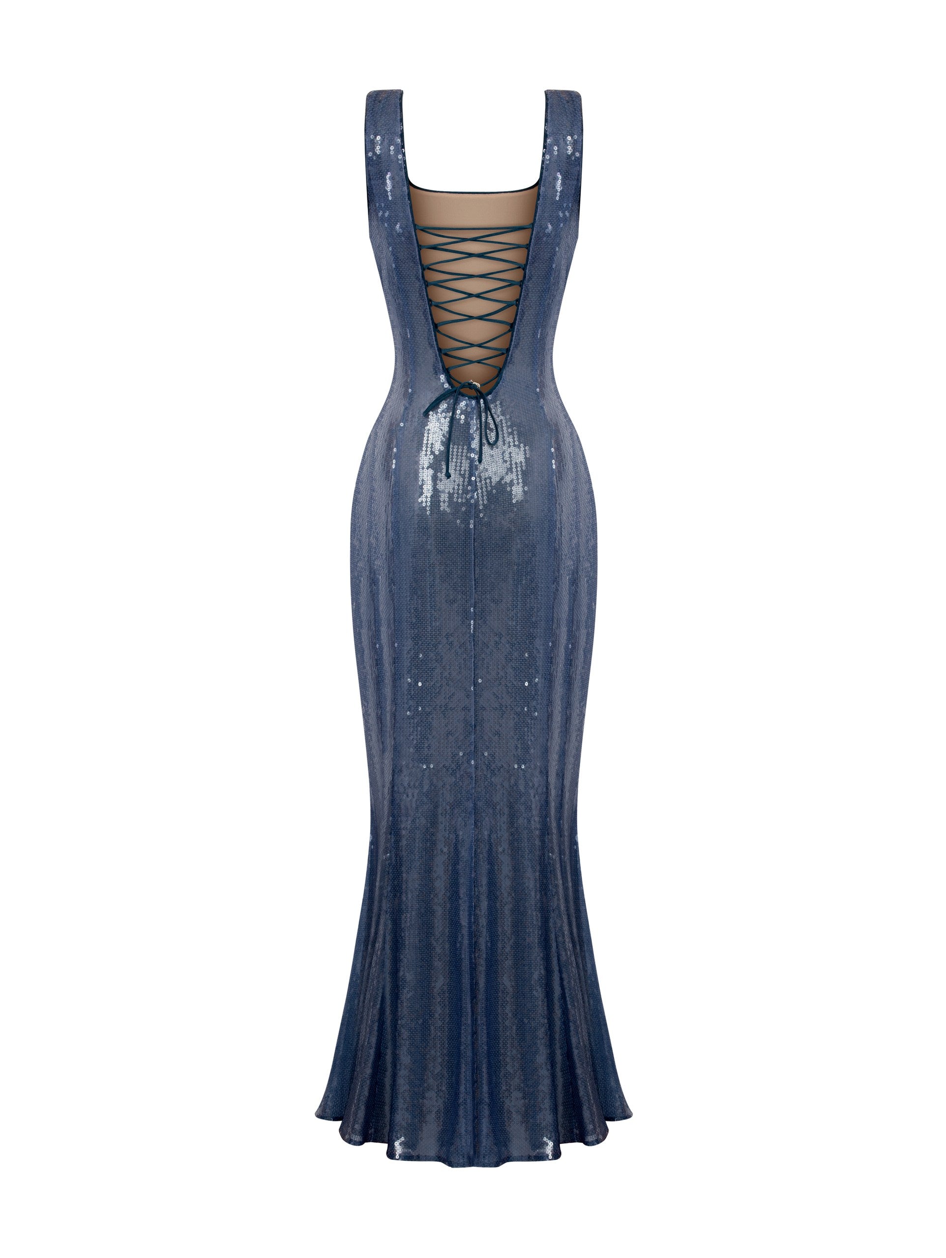 Blue Sequin Tie-Back Midi Dress