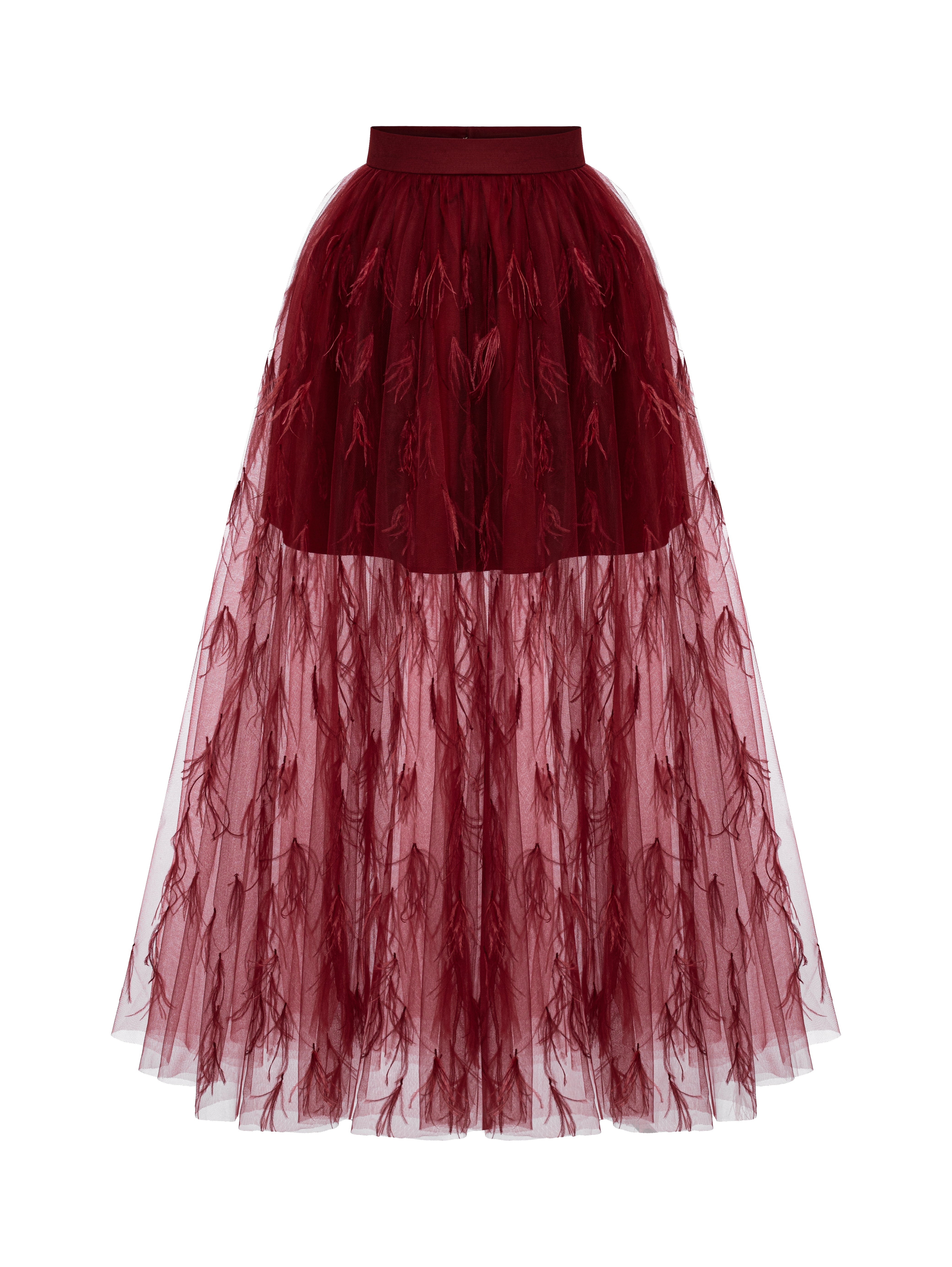 Woven Feather Skirt – Crimson Red