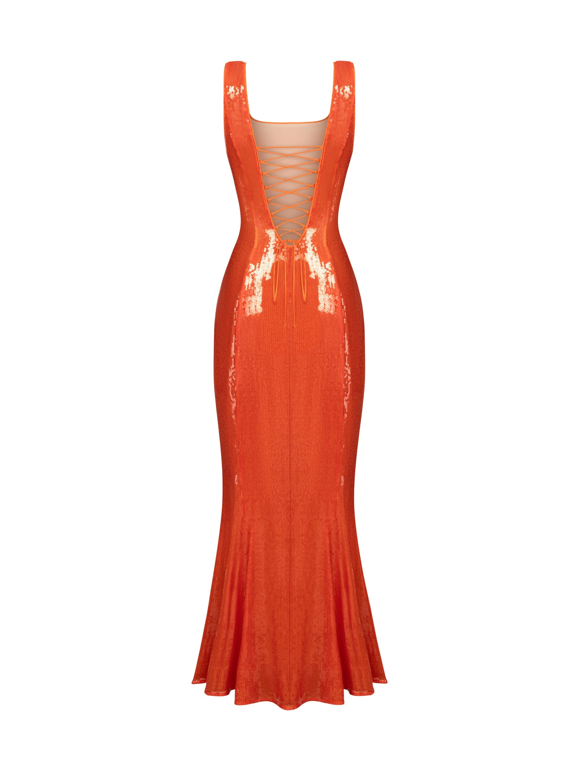 Orange Sequin Tie-Back Midi Dress